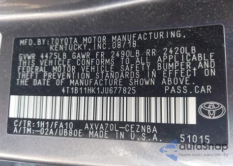2018 Toyota Camry Le z USA, uszkodzony, nr VIN 4T1B11HK1JU677825